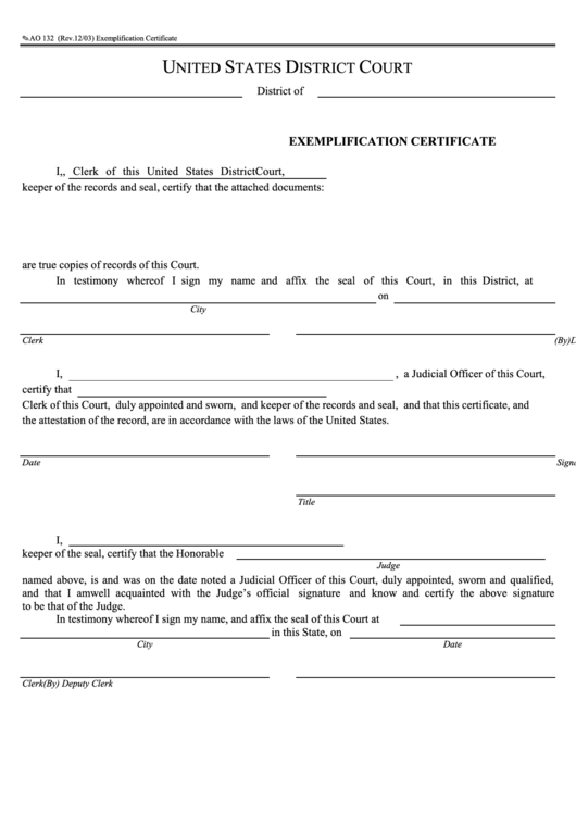 Fillable Form Ao 132 - Exemplification Certificate Printable pdf
