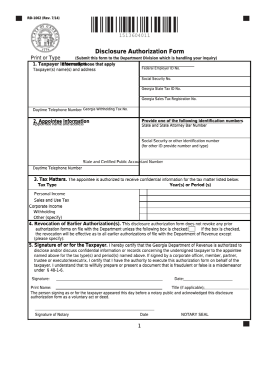Fillable Form Rd-1062 - Disclosure Authorization Form - Georgia Department Of Revenue Printable pdf