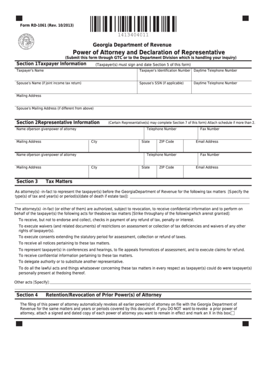 Fillable Form Rd-1061 - Power Of Attorney And Declaration Of Representative - Georgia Department Of Revenue Printable pdf
