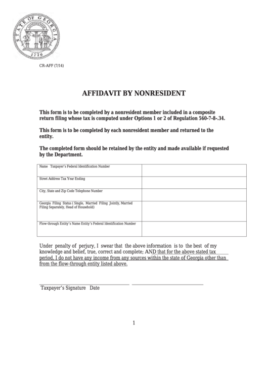 Fillable Form Cr-Aff - Affidavit By Nonresident Printable pdf