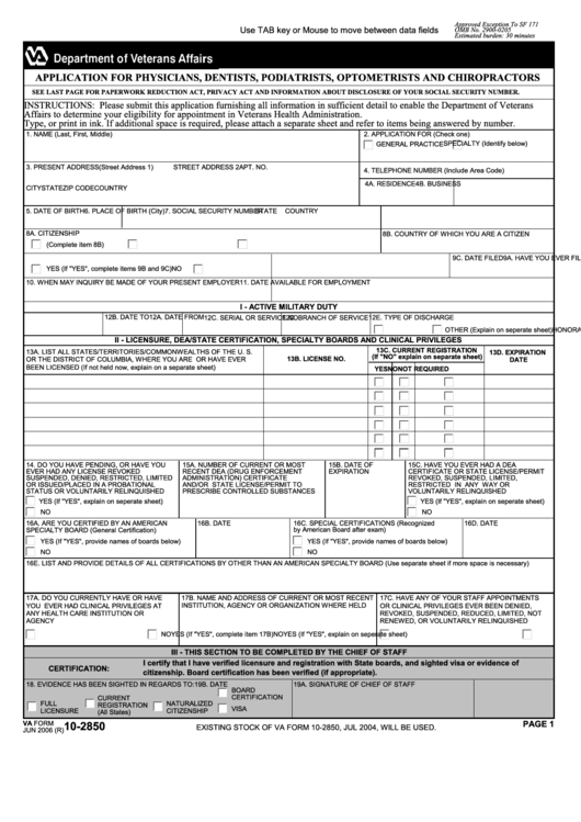 Fillable Va Form 10-2850 - Application For Physicians, Dentists, Podiatrists, Optometrists And Chiropractors Printable pdf