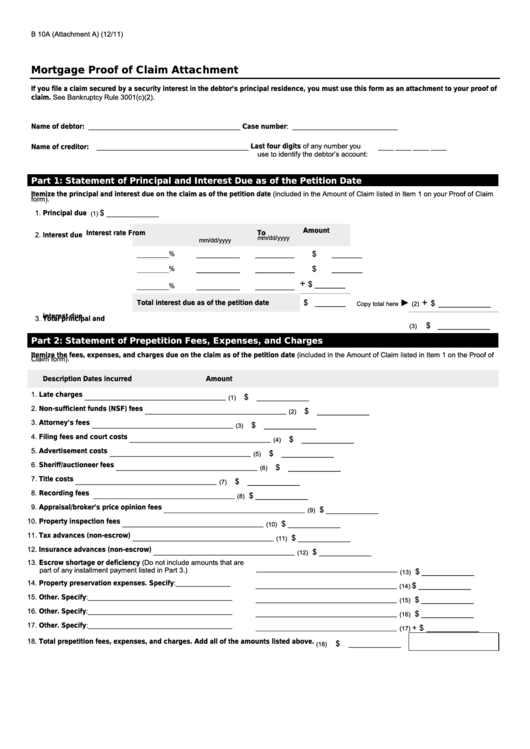 Fillable Form B 10a (Attachment A) - Mortgage Proof Of Claim Attachment Printable pdf