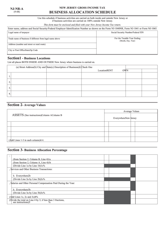 Fillable Form Nj-Nr-A - New Jersey Gross Income Tax Business Allocation Schedule Printable pdf