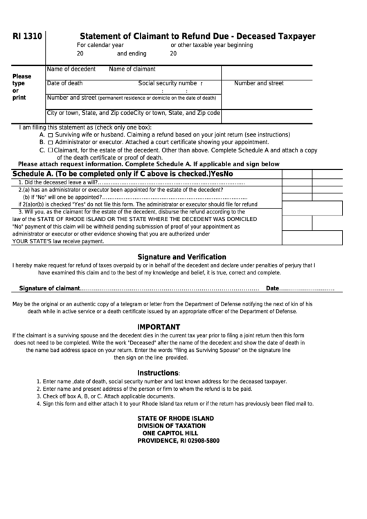 Form Ri 1310 - Statement Of Claimant To Refund Due-Deceased Taxpayer Printable pdf