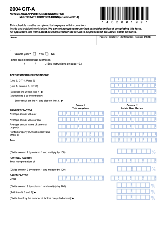Form Cit-A - New Mexico Apportioned Income For Multistate Corporations (Attach To Cit-1) - 2004 Printable pdf