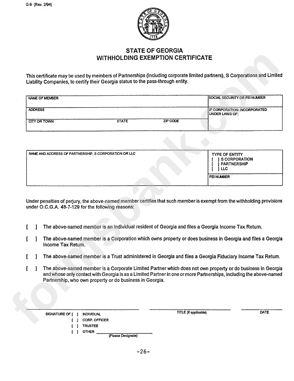 Form G-9 - Withholding Exemption Certificate - State Of Georgia