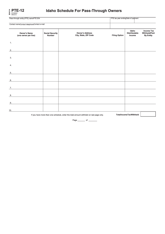 Fillable Form Pte-12 - Idaho Schedule For Pass-Through Owners Printable pdf