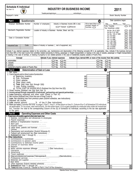 Schedule K Individual - Industry Or Business Income - Government Of Puerto Rico - 2011 Printable pdf