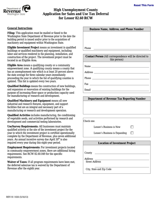 Fillable Form Rev 81 1026 - High Unemployment County Application For Sales And Use Tax Deferral - Washington Department Of Revenue Printable pdf