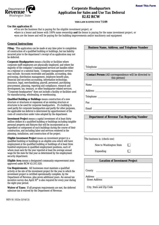 Fillable Form Rev 81 1023e - Corporate Headquarters Application For Sales And Use Tax Deferral - Washington Department Of Revenue - 2013 Printable pdf