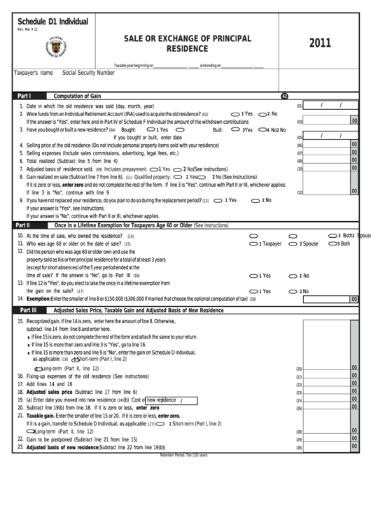 Schedule D1 Individual - Sale Or Exchange Of Principal Residence - 2011 Printable pdf