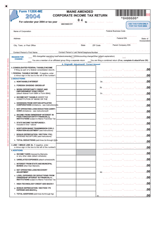 Form 1120x-Me - Maine Amended Corporate Income Tax Return - 2004 Printable pdf