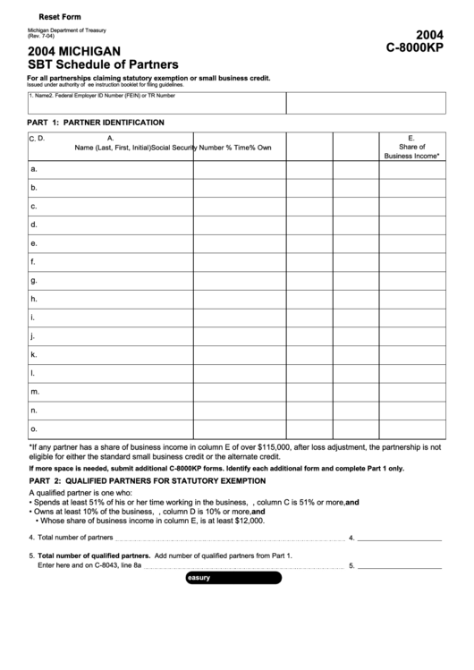 Fillable Form C-8000kp - Sbt Schedule Of Partners - 2004 Printable pdf
