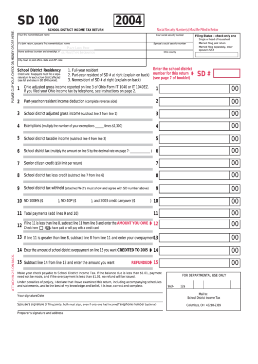 Fillable Form Sd 100 - School District Income Tax Return - State Of Ohio - 2004 Printable pdf