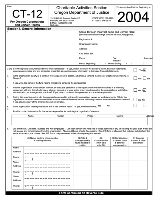 Fillable Form Ct-12 - Charitable Activities Section - 2004 Printable pdf