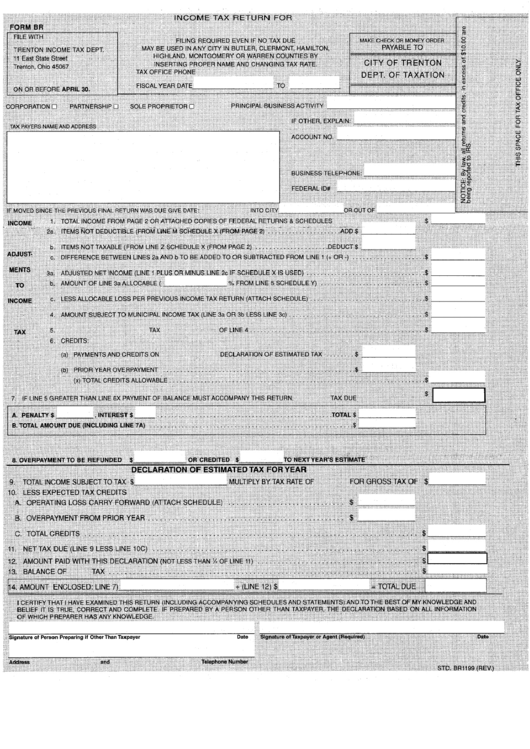 Form Br - Income Tax Reurn - City Of Trenton, Ohio Printable pdf