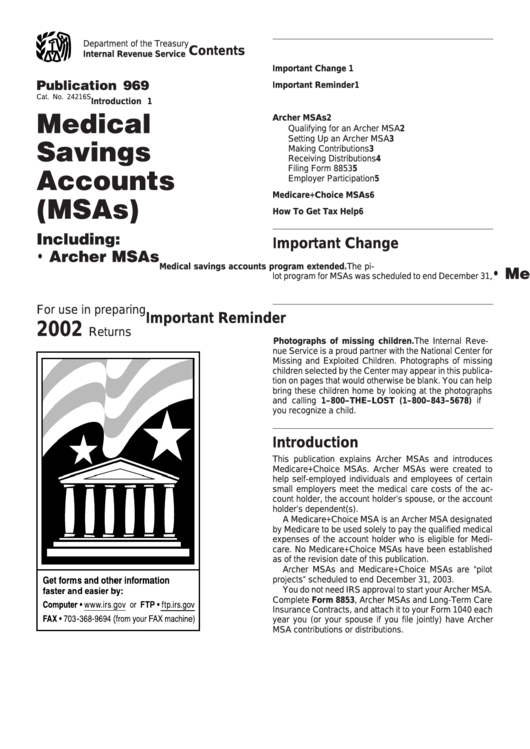 Publication 969 - Medical Sving Accounts(Msas) - Deaprtment Of Treasury - 2002 Printable pdf