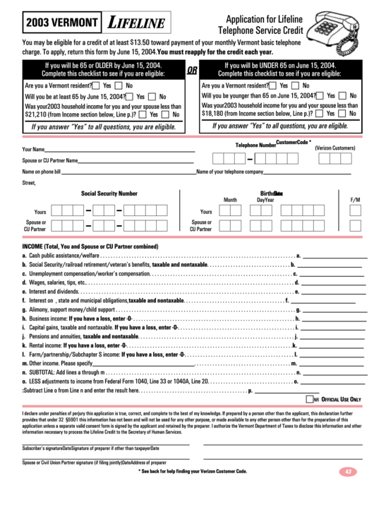 Application For Lifeline Telephone Service Credit - Vermont - 2003 Printable pdf