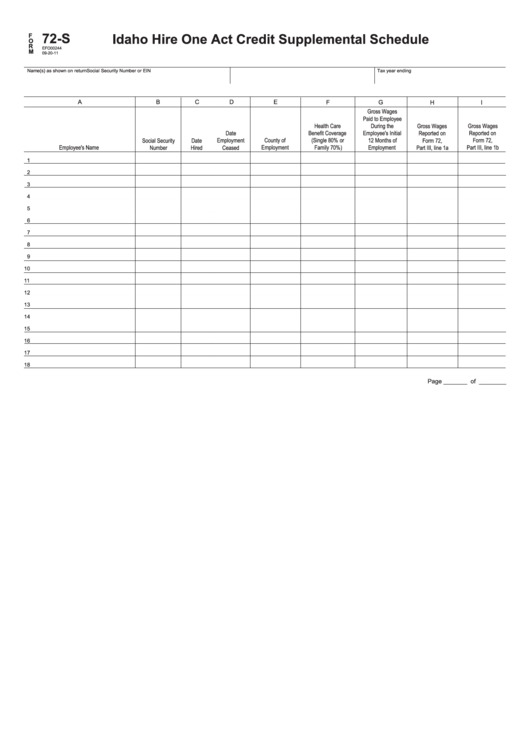 Fillable Form 72-S - Idaho Hire One Act Credit Supplemental Schedule Printable pdf