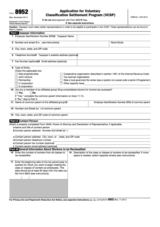 Fillable Form 8952 - Application For Voluntary Classification Settlement Program (Vcsp) - Department Of Treasury Printable pdf