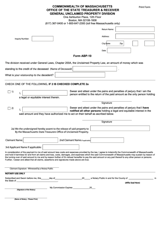 Fillable Form Abp-10 - Ma Unclaimed Property Division - Ma Abandoned Property Division Printable pdf