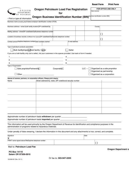 Fillable Form 150-608-001 - Oregon Petroleum Load Fee Registration For Oregon Business Identification Number (Bin) Printable pdf
