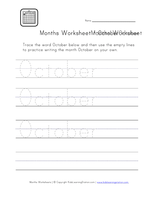 Months Tracing Worksheet - October Printable pdf
