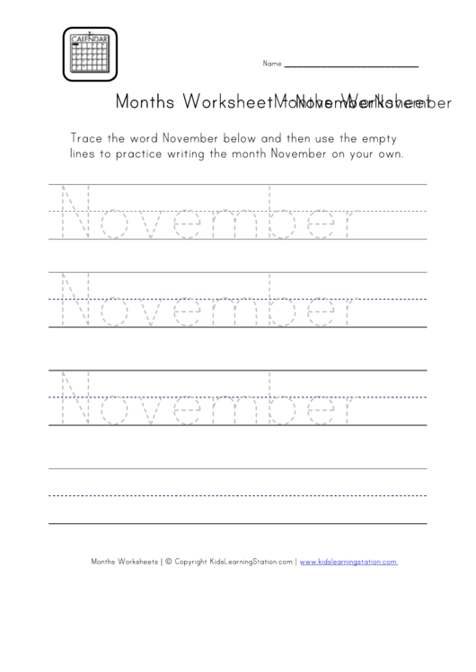 Months Tracing Worksheet - November Printable pdf