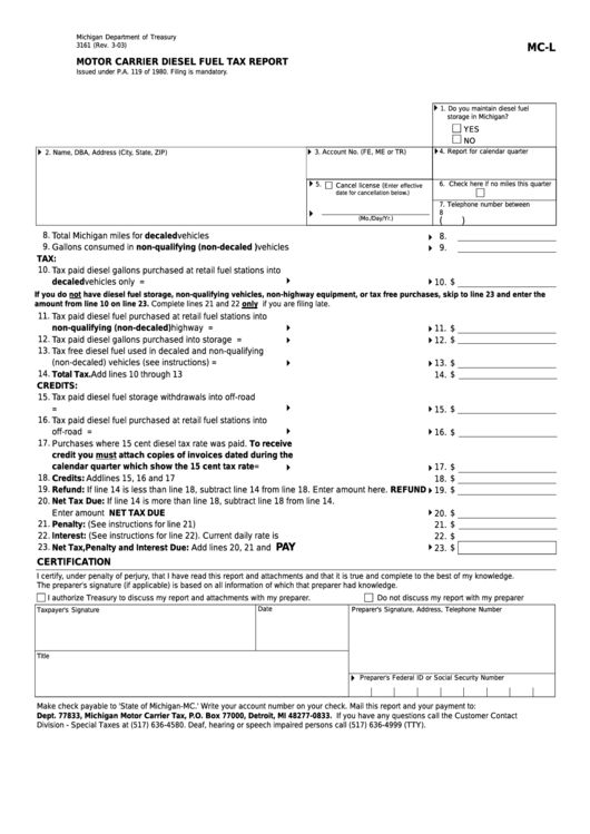 Form 3161 - Motor Carrier Diesel Fuel Tax Report Printable pdf