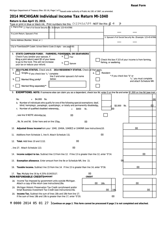 Fillable Form Mi-1040 - Michigan Individual Income Tax Return - 2014 Printable pdf