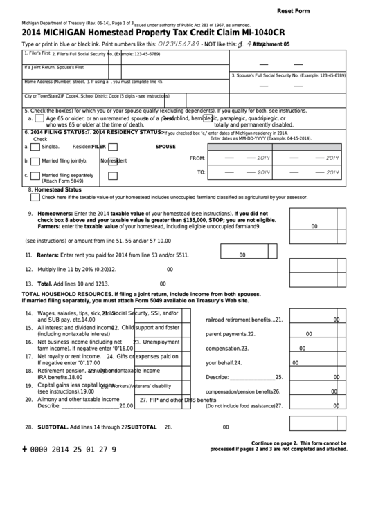 Fillable Form Mi-1040cr - Michigan Homestead Property Tax Credit Claim - 2014 Printable pdf