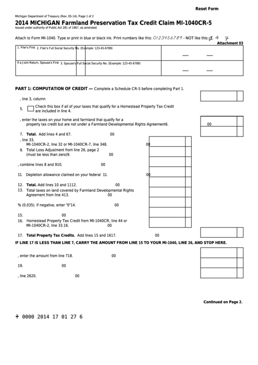 Fillable Form Mi-1040cr-5 - Michigan Farmland Preservation Tax Credit Claim - 2014 Printable pdf