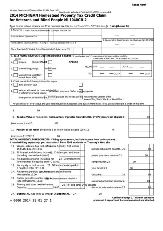 Fillable Form Mi-1040cr-2 - Michigan Homestead Property Tax Credit Claim For Veterans And Blind People - 2014 Printable pdf