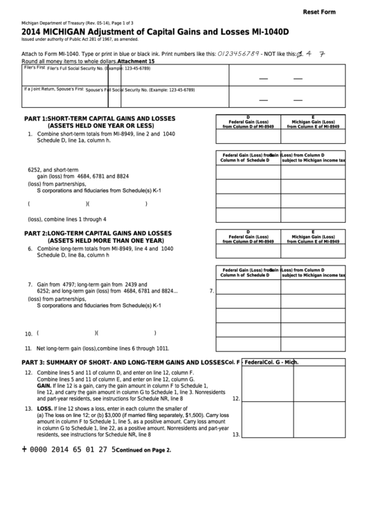 Fillable Form Mi-1040d - Michigan Adjustment Of Capital Gains And Losses - 2014 Printable pdf