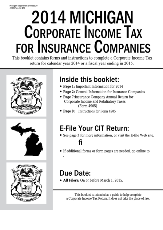 Form 4904 To 4905 - Michigan Corporate Income Tax For Insurance Companies - 2014 Printable pdf