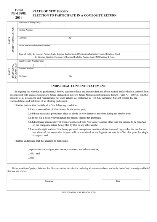 Fillable Form Nj-1080e - Election To Participate In A Composite Return And Individual Consent Statement - 2014 Printable pdf