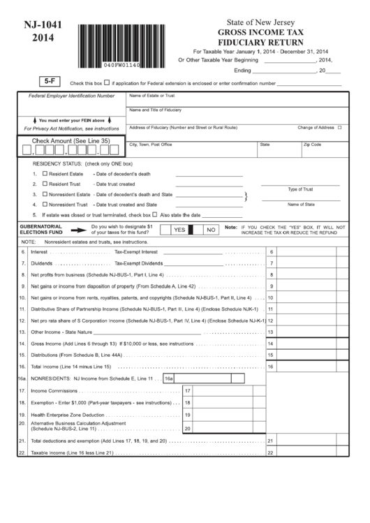Download Fillable Form Nj-1041 - Gross Income Tax Fiduciary Return - 2014 printable pdf download