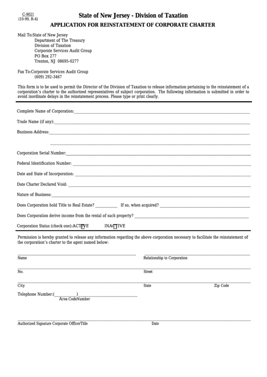 Fillable Form C-9021 - Application For Reinstatement Of Corporate Charter - New Jersey Division Of Taxation Printable pdf