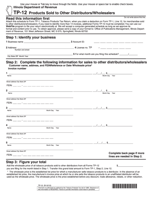 Fillable Form Tp-12 - Products Sold To Other Distributors/wholesalers Printable pdf
