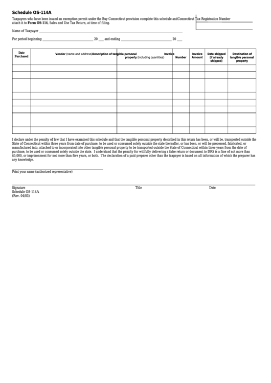 Schedule Os-114a To Form Os-114 - Sales And Use Tax Return Printable pdf