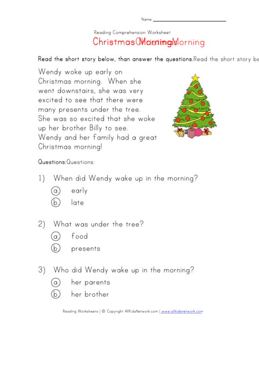 Reading Comprehension Worksheet - Christmas Morning