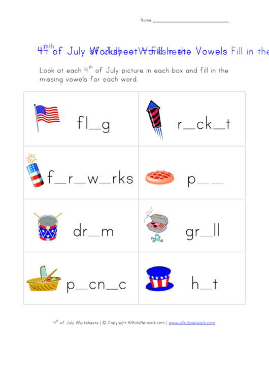 4th Of July Words - Fill In The Vowels Worksheet Printable pdf