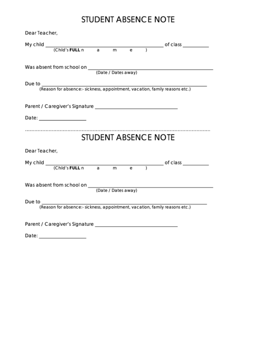 Student Absence Note Template Printable pdf