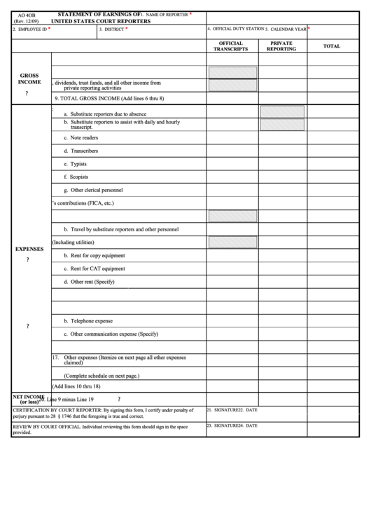 Fillable Form Ao 4ob - Statement Of Earnings Of United States Court Reporters Printable pdf