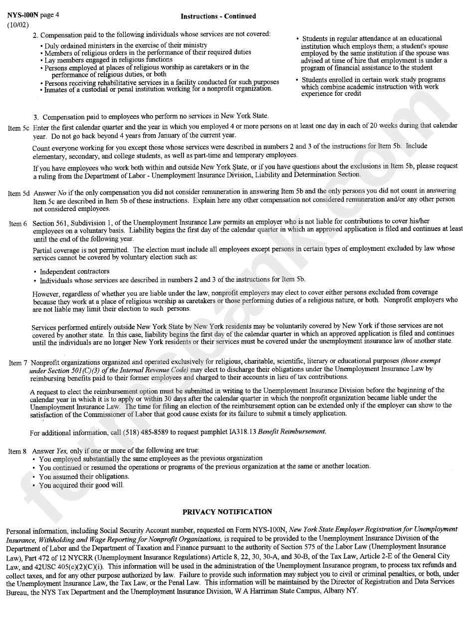 Form Nys-100n - New York State Employer Registration For Unemployment Insurance, Withholding And Wage Reporting For Nonprofit Organizations