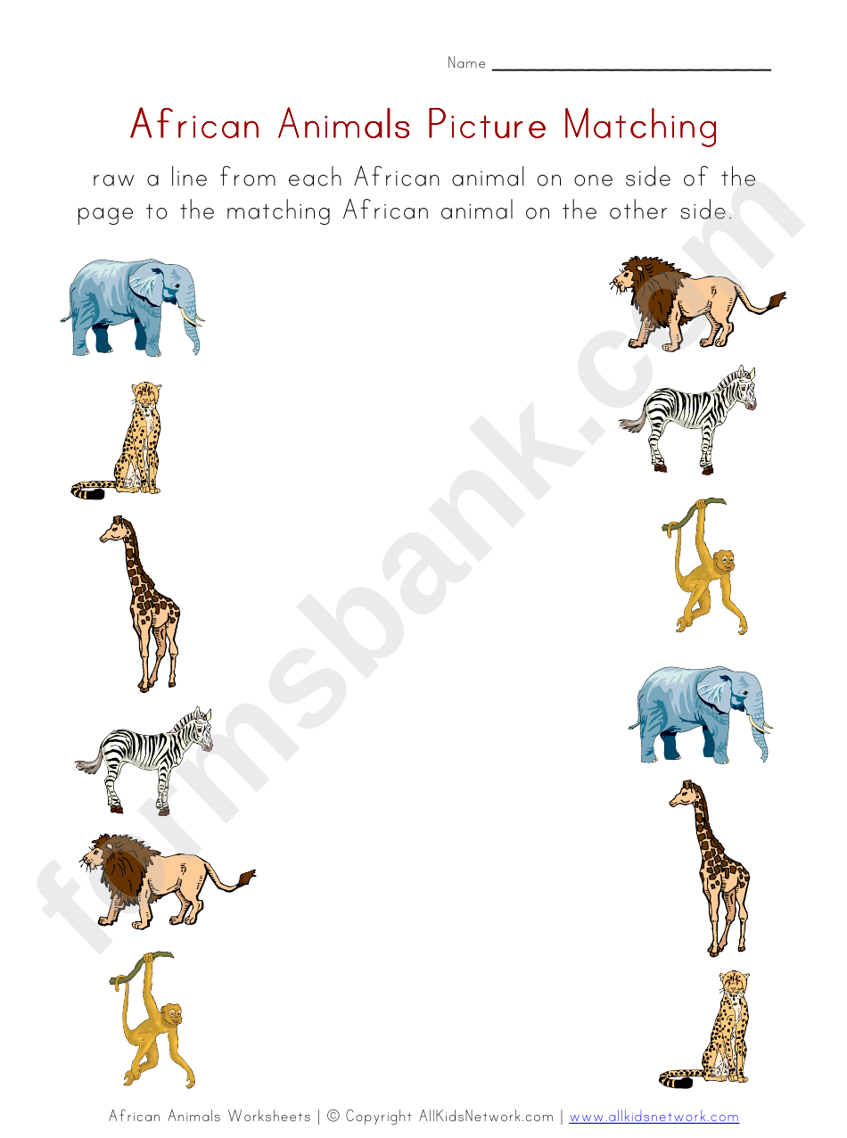 African Animals Picture Matching Worksheet