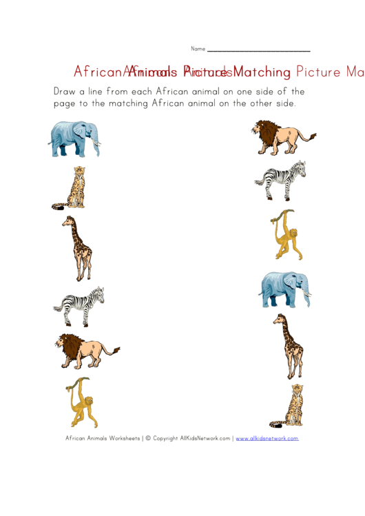 African Animals Picture Matching Worksheet Printable pdf