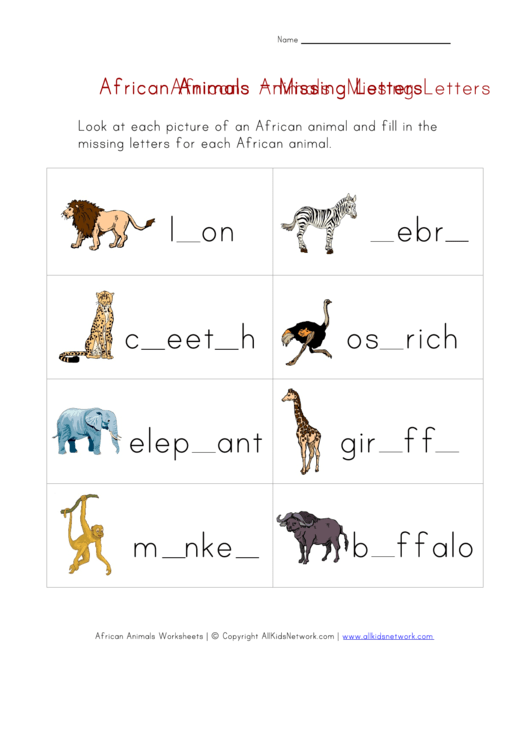 African Animals - Missing Letters Worksheet Printable pdf