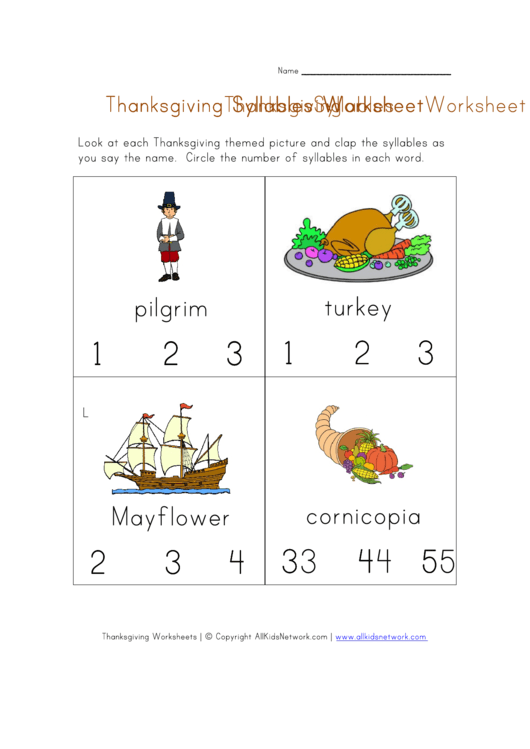 Thanksgiving Syllables Worksheet Printable pdf