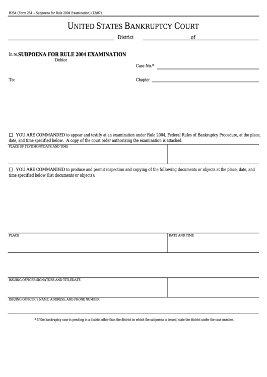 Form 254 - Subpoena For Rule 2004 Examination Printable pdf